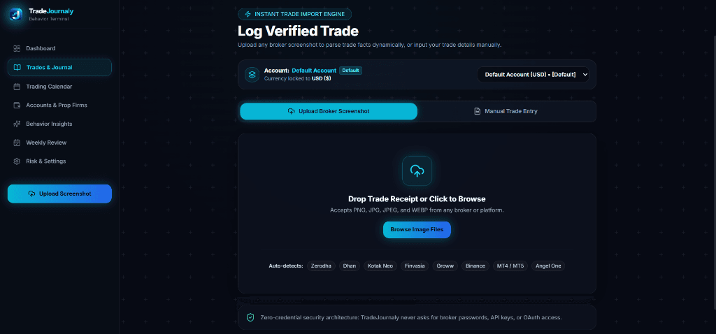 TradeJournaly Real Screenshot Import Engine Interface