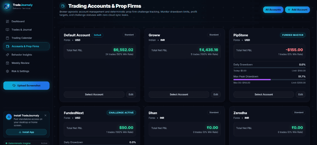 TradeJournaly Trading Accounts & Prop Firms Terminal