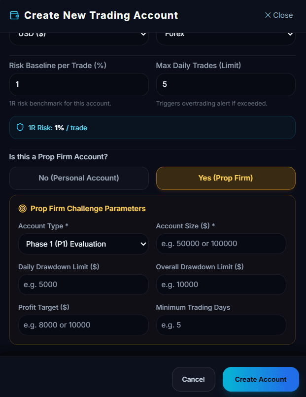 Create New Trading Account & Prop Firm Challenge Parameters Modal